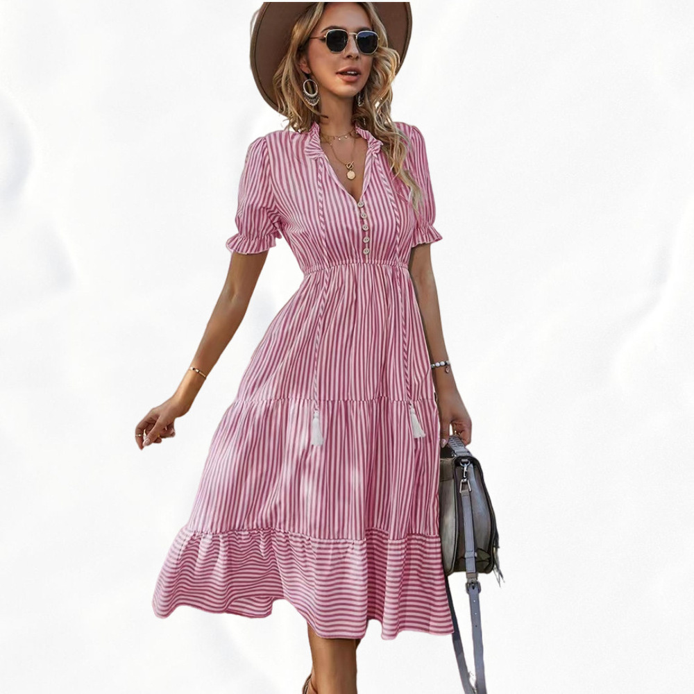 Women's Pink Striped V-Neck Puff-Sleeve Tiered Midi Dress